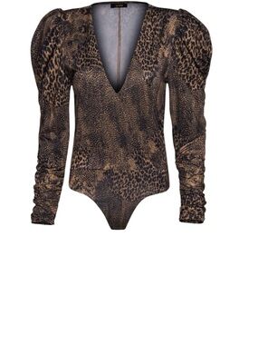 AFRM Leopard Print Deep V Bodysuit Puff Sleeve Fitted Sexy Chic Top